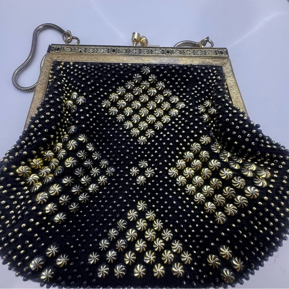 vintage 70s black studded purse beaded evening bag handbag w kiss clasp closure - Picture 4 of 10